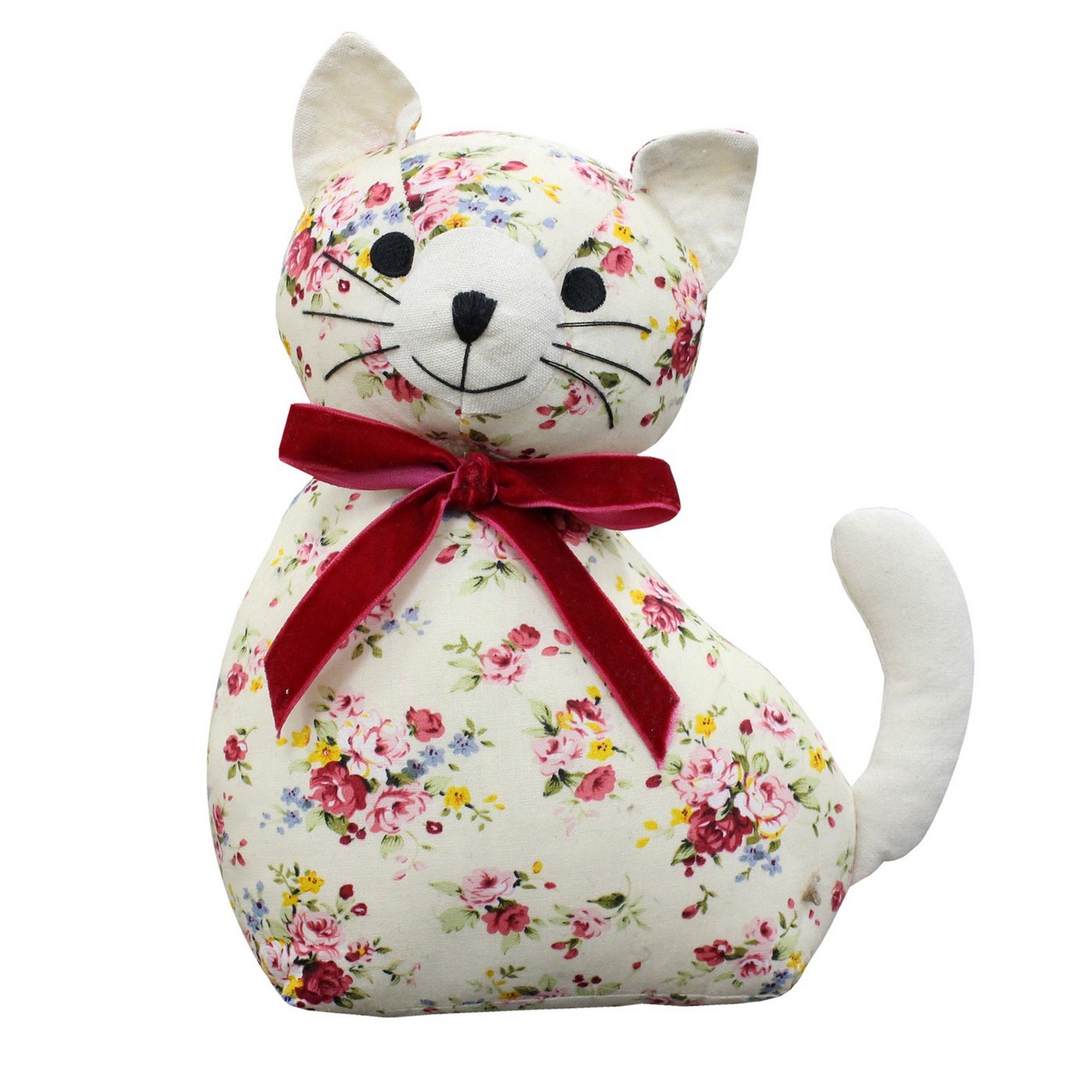 Riva Paoletti Floral Cat Novelty Doorstop - White Floral Print - Heavyweight Sand and Polyester Filling - 100% Cotton - 18 x 10 x 24cm (7" x 4" x 9" inches) - Designed in the UK