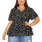 Agnes Orinda Plus Size Women's Blouse V Neck Short Sleeve Layered Peplum Tops 2024 Summer Floral Blouses