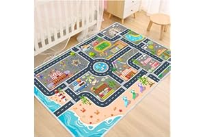 LIAZY ESUOH Kids Carpet Playmat Car Rug, Car Rug for Kids Toy Cars and Train, Non Slip Play Mat for Playroom Kids Room, City Life Educational Road Traffic Carpet for Classroom Nursery(Grey,31×47in)