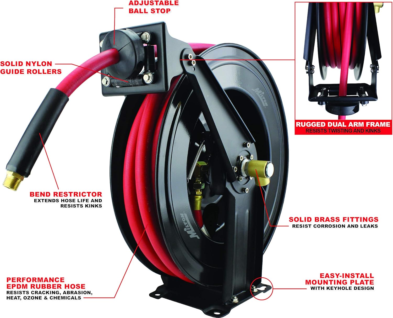 Milton 2780-50D - Steel Dual Arm Auto-Retractable Air Hose Reel, 1/2" x 50 ft. Rubber Hose - 300 Max PSI - - 