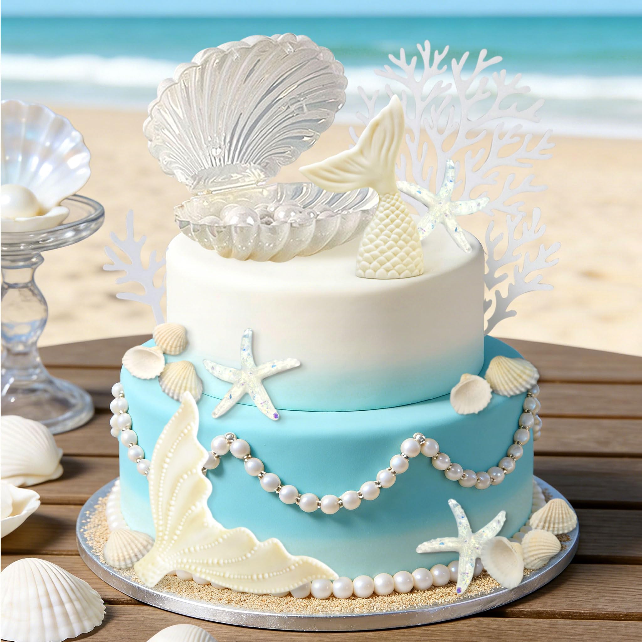 21PCS Large Openable Shell Mermaid Tail Cake Decorations Starfish Seashells Coral Decor Summer Cake Topper for Sea Ocean Beach Mermaid Theme Baby Shower Wedding Decor Birthday Party Favor Supplies