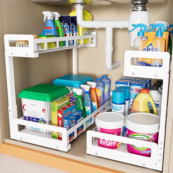 UNDER SINK ORGANIZER 2 PACK, METAL LARGE CAPACITY 2-TIER SLIDING CABINET STORAGE RACK, HEAVY-DUTY RUST-RESISTANT STEEL FRAME, HOLDS 50 LBS EACH, ADJUSTABLE HEIGHT 12–16″, 14″D X 11″W FOR HOME, WHITE