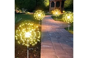 LORRYTE 4-Pack Solar Outdoor Lights for Garden Decorations, 360 LED Solar Firework Lights with 2 Lighting Modes, Solar Powered Lights Waterproof for Outside Pathway Patio Yard Walkway Decorations(Warm White)