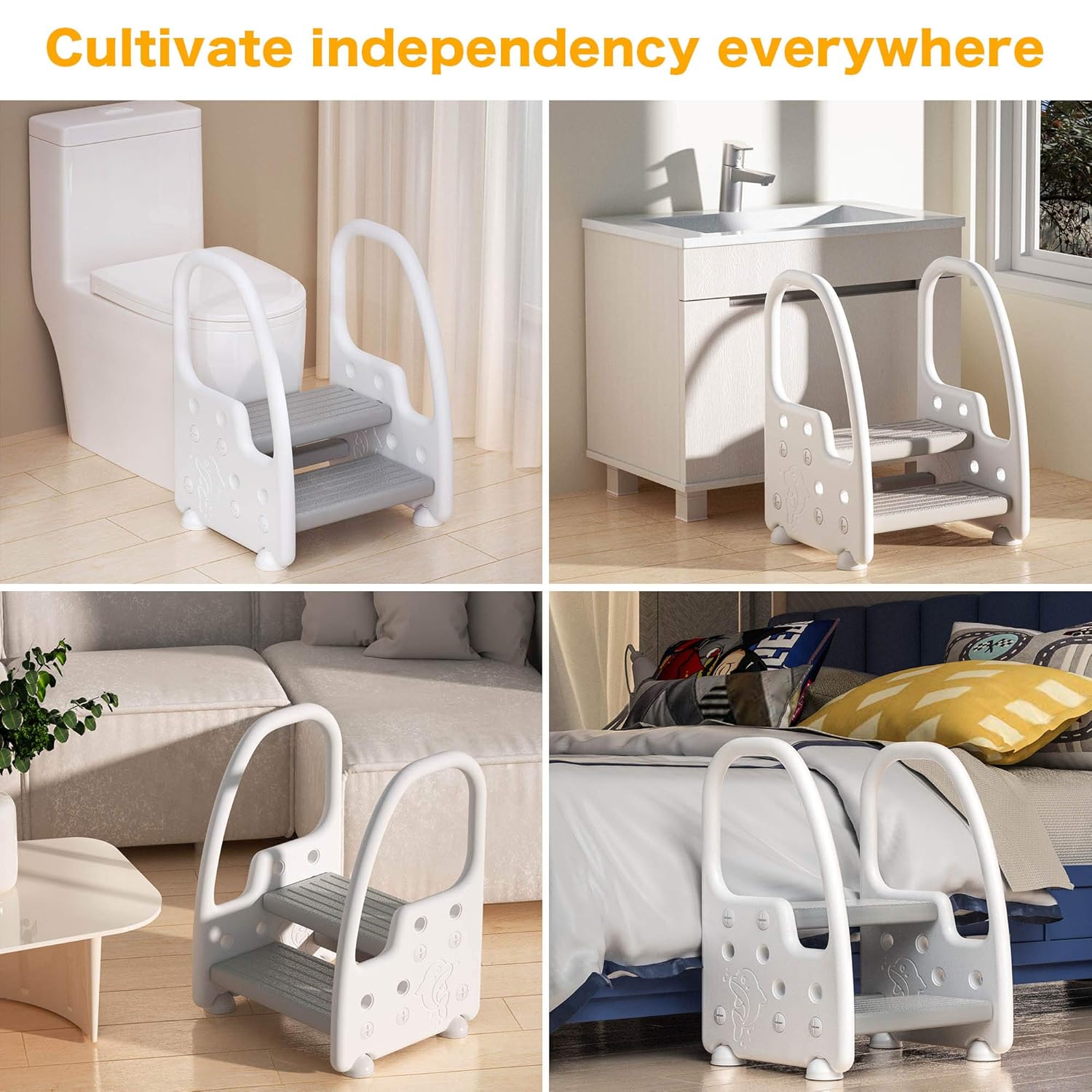 Two Step Stool with Handrails for Toddler and Kids, Standing Learning Tower for Bathroom Sink, Toilet Potty Training, Kitchen Counter with Safety Handrails and Non-Slip Pads (Gray, Height Adjustable) : Baby