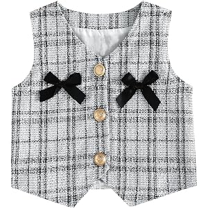 Ecolala Girls Plaid Tweed Vest Sleeveless Waistcoat Bow Dressy Button Front Vest School Photos