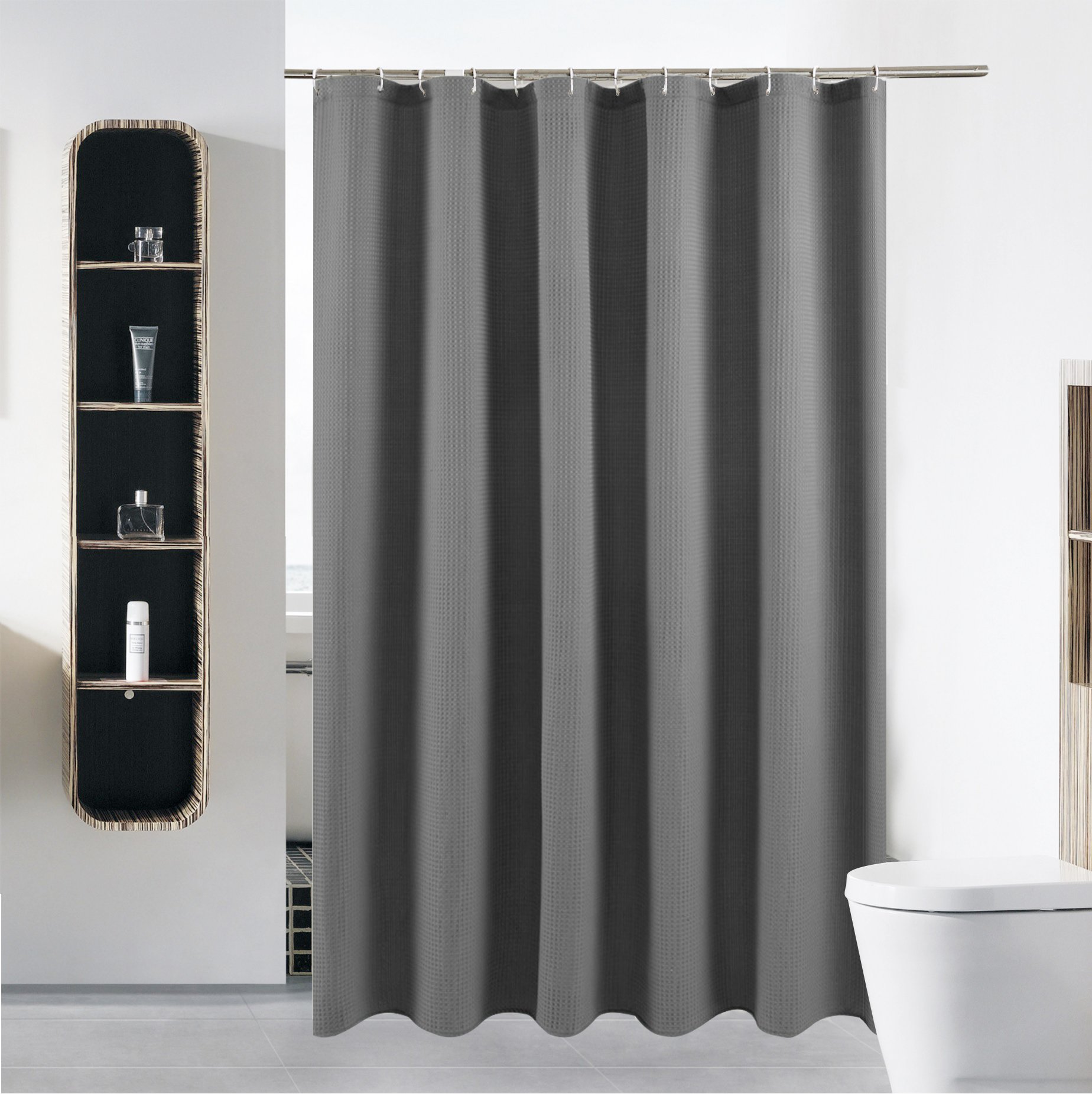 S·Lattye Luxury Fabric Shower Curtain Water Repellent Washable Cloth (Hotel Quality, Friendly, Heavy Weight Hem) Plastic Hooks - 72" x 78", Long, Gray Waffle