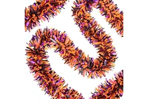 GLOREYAN 33FT Halloween Tinsel Garland, Black Purple Orange Metallic Twist Foil Tinsel Garland Shiny Hanging Decorations for Halloween Party Decoration Supply