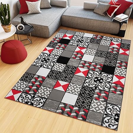 Tapiso Maya Tapis De Salon Chambre Design Moderne Rouge Gris Noir Triangle Fleure Géométrique Mosaïque Fin 80 X 150 Cm