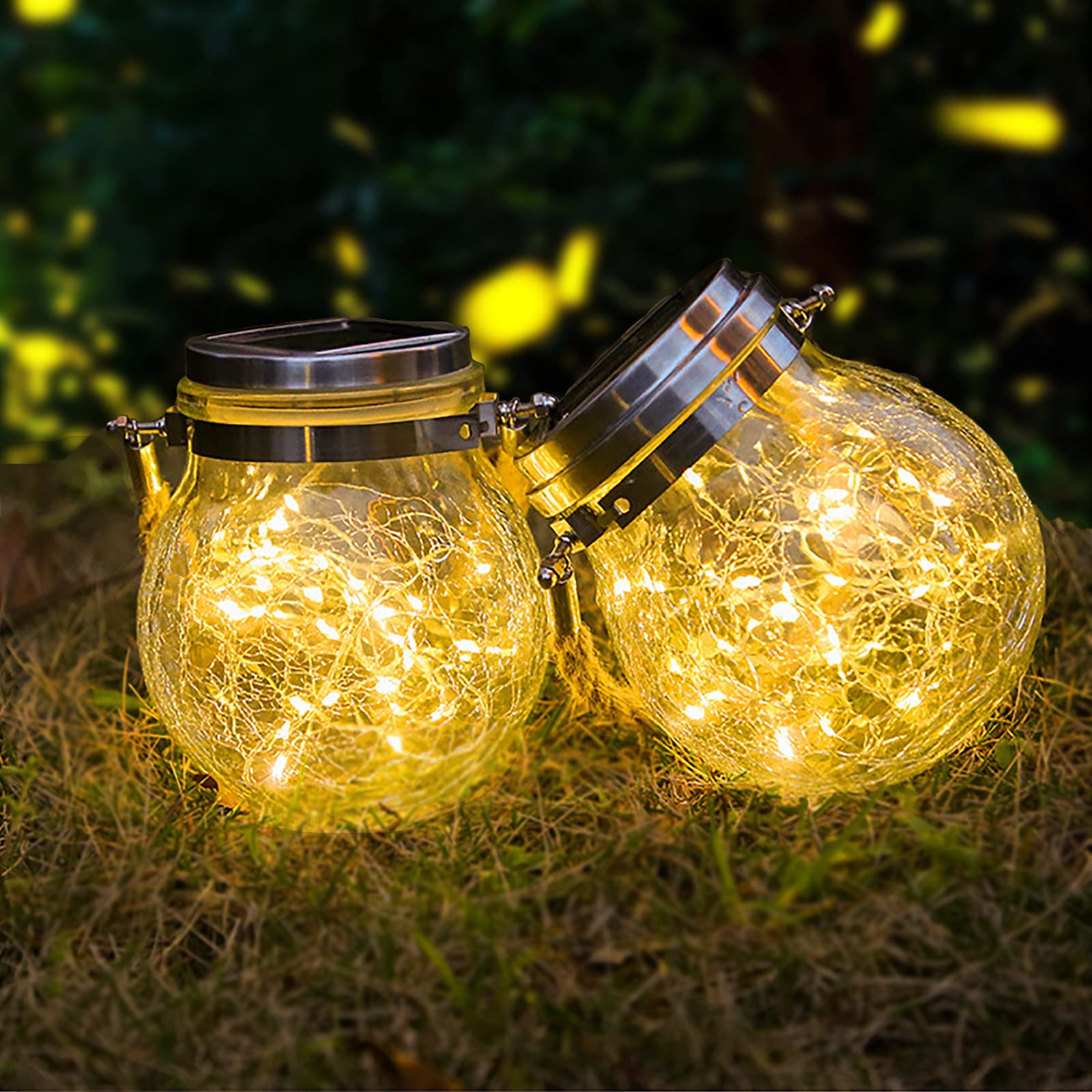 Solar Lantern Lights, ZVO 2Pack 30 LED Outdoor Solar Hanging Mason Jar Lid Lights, IP65 Waterproof Garden Glass Fairy Decorative Atmosphere Lamp for Balcony Tree Fence Decking Decor (Warm White)