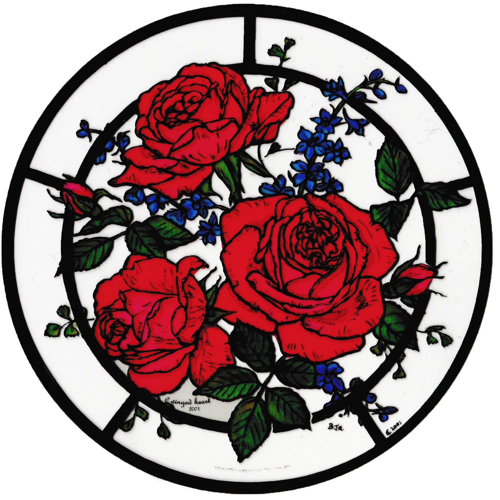 Winged Heart Static Window Cling in a Red Roses Design