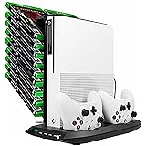 DRZERUI Vertical Stand with Cooling Fan Compatible with Xbox One S, Dual Controller Charging Station with Game Discs Storage Tower Mounts for Xbox One Slim Console