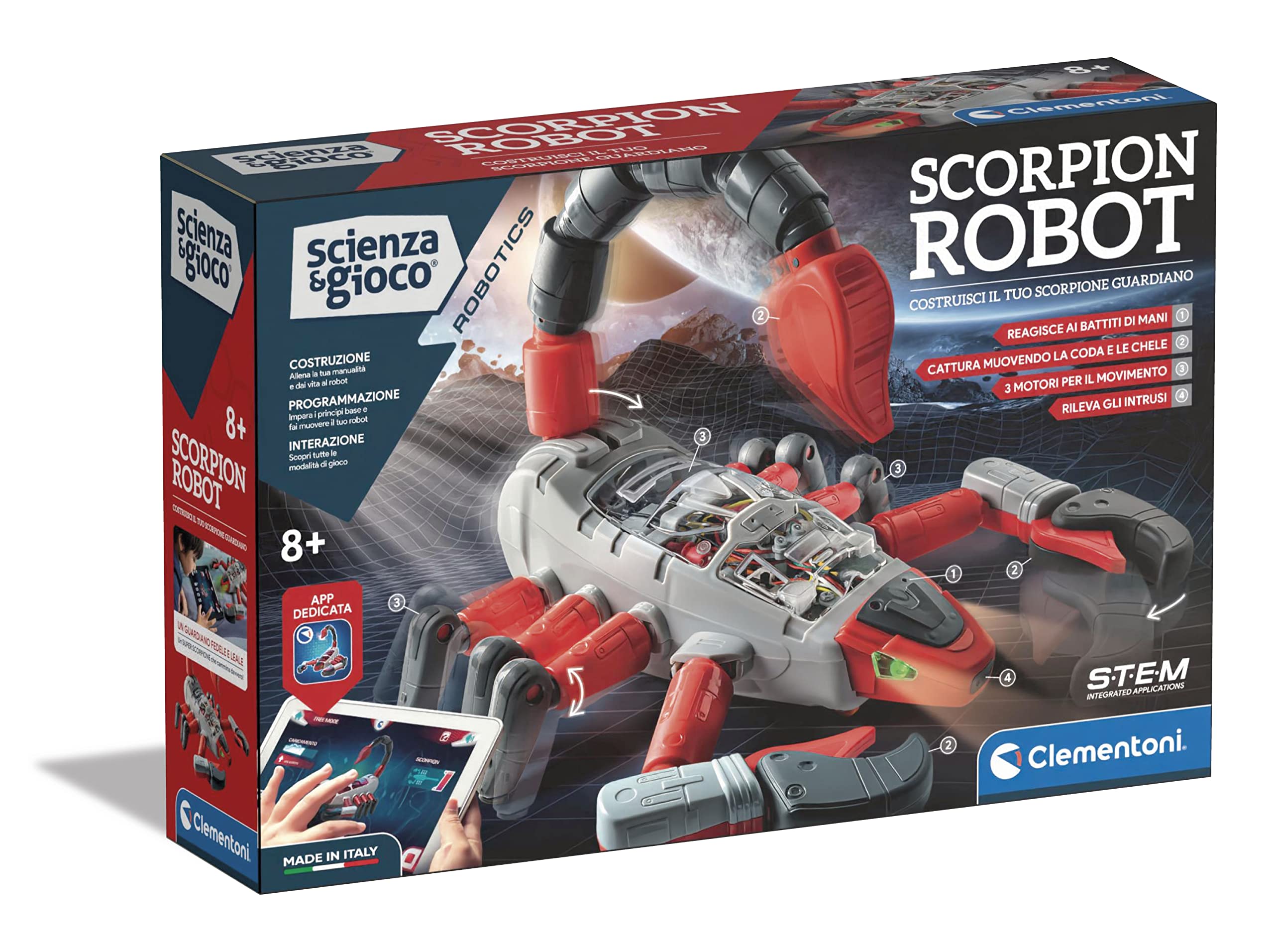 Clementoni - Scienza Robotics-Scorpion Building Set, Robot for Children to Assemble, Robotics Kit (Italian Version) -Scientific Game 8 Years, Made in Italy, Multicoloured, 19242