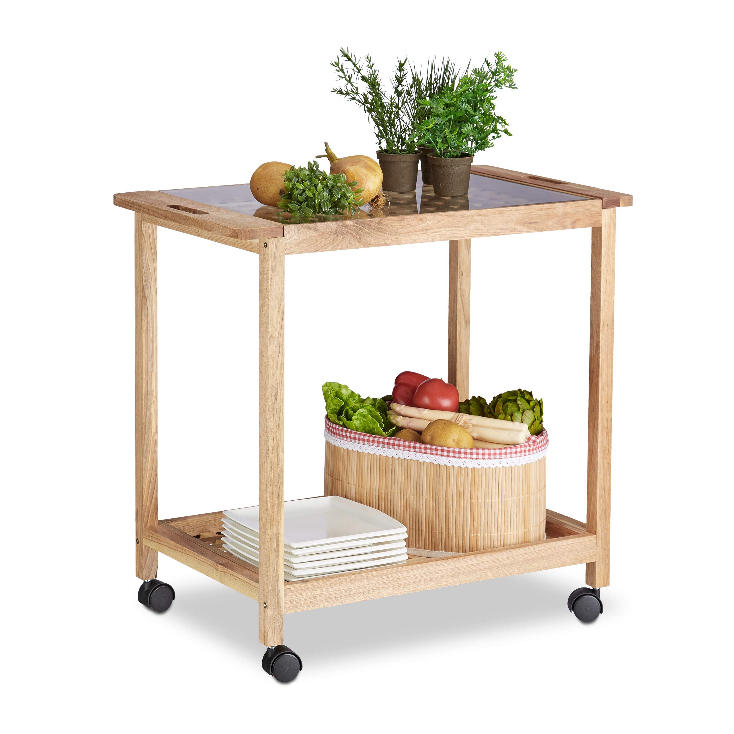 Relaxdays Kitchen Cart with Wheels, Wooden Serving Trolley with Glass Top, 2 Tiers, HxWxD: 62 x 66 x 38 cm, Natural