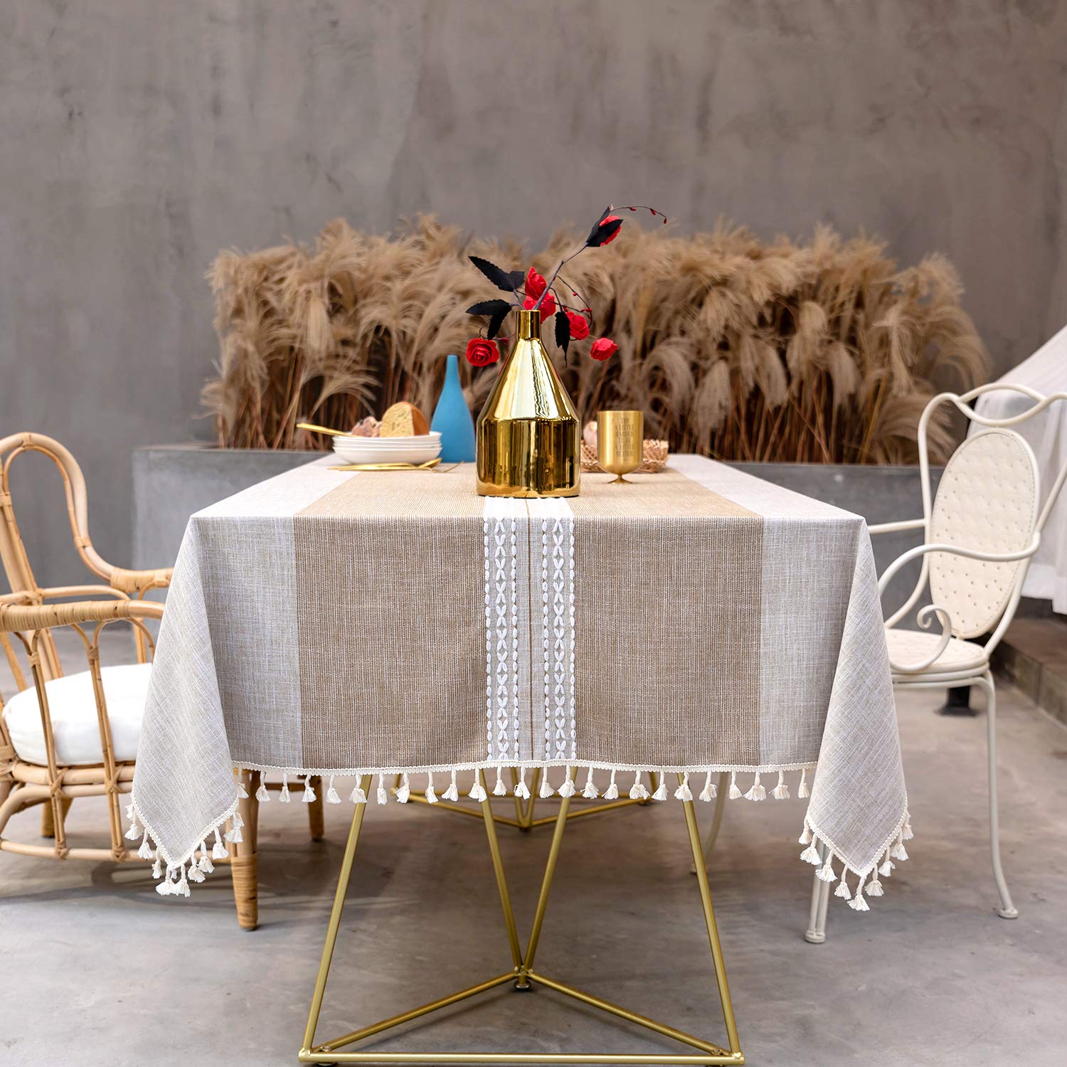 Table Clothes Rectangular 140x220 Table Cloth Beige Linen Cotton Tassel Tablecloth Wipe Clean for Kitchen Dining Table Cover Decoration - 55x86 inch