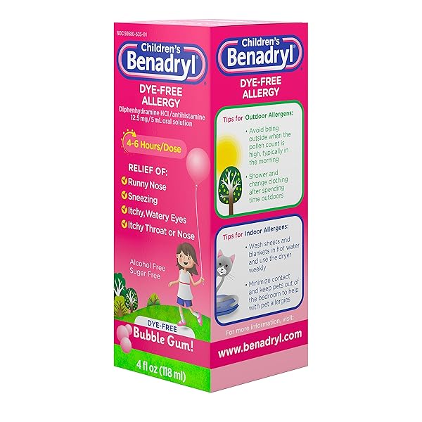 CHILDREN’S BENADRYL DYE-FREE ALLERGY RELIEF LIQUID + 12.5 MG DIPHENHYDRAMINE HCL, ANTIHISTAMINE ALLERGY MEDICINE FOR KIDS HELPS RELIEVE RUNNY NOSE & SNEEZING, BUBBLE GUM FLAVOR, 4 FL. OZ