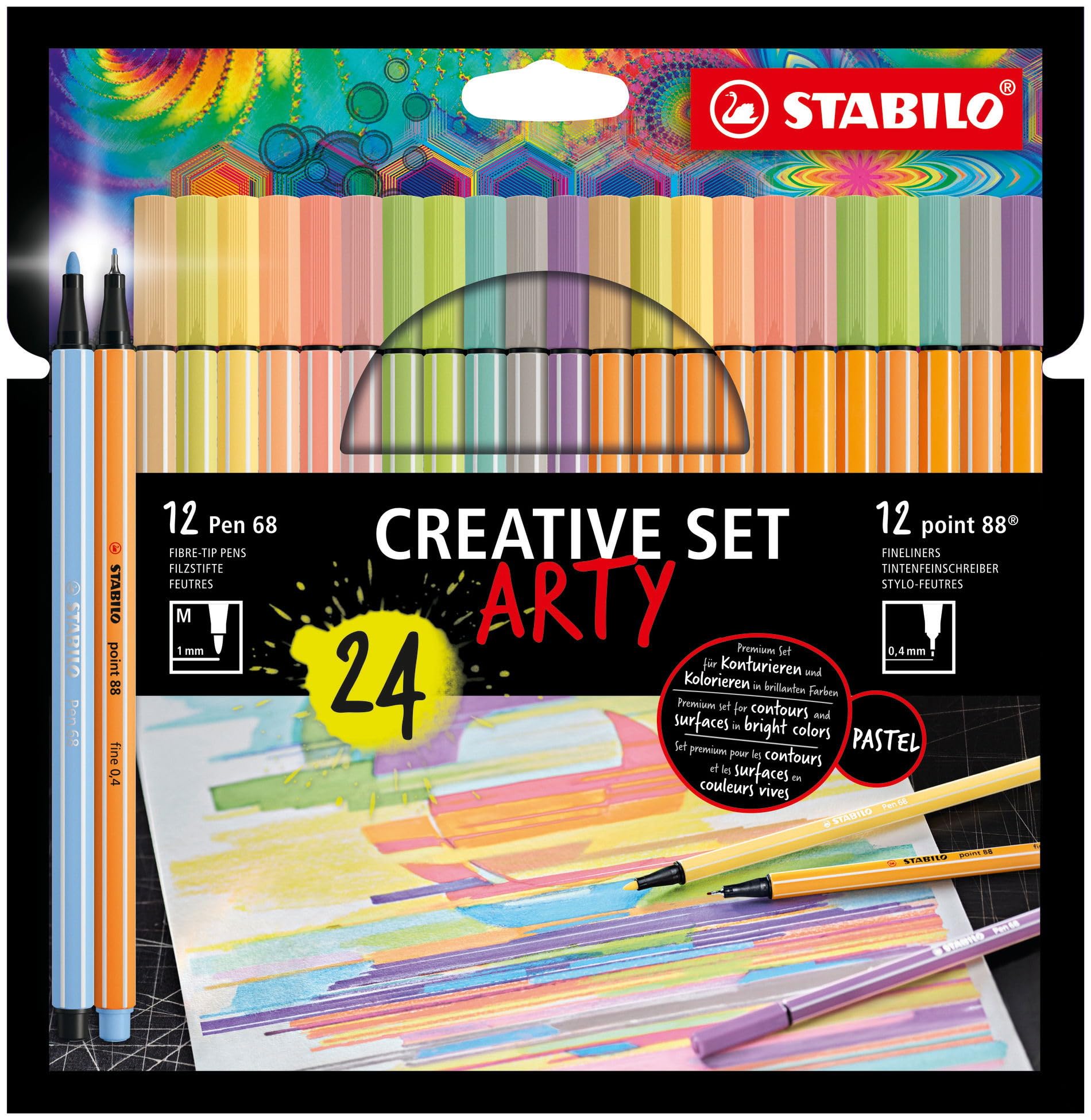 STABILO Creative Set - point 88 and Pen 68 - ARTY - Pack of 24 - Assorted Pastel Colours