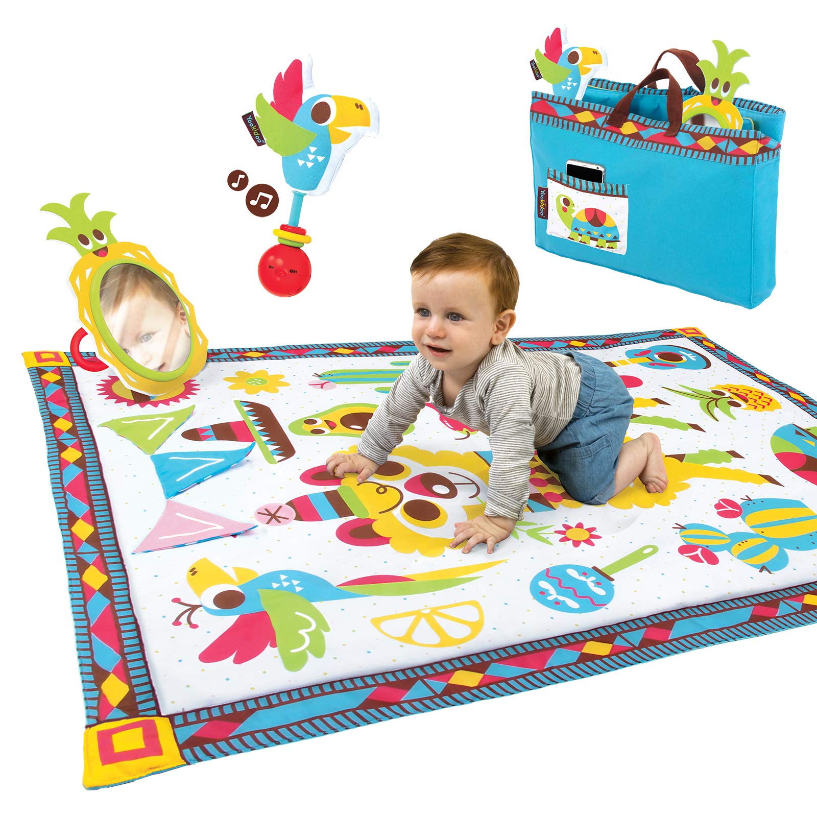 Yookidoo Fiesta Playmat. Folds As Carrying Bag. Indoor & Outdoor Activity Play Blanket with Mirror, Rattle & Teether. Extra Large Washable for Newborn (145 X 100cm)