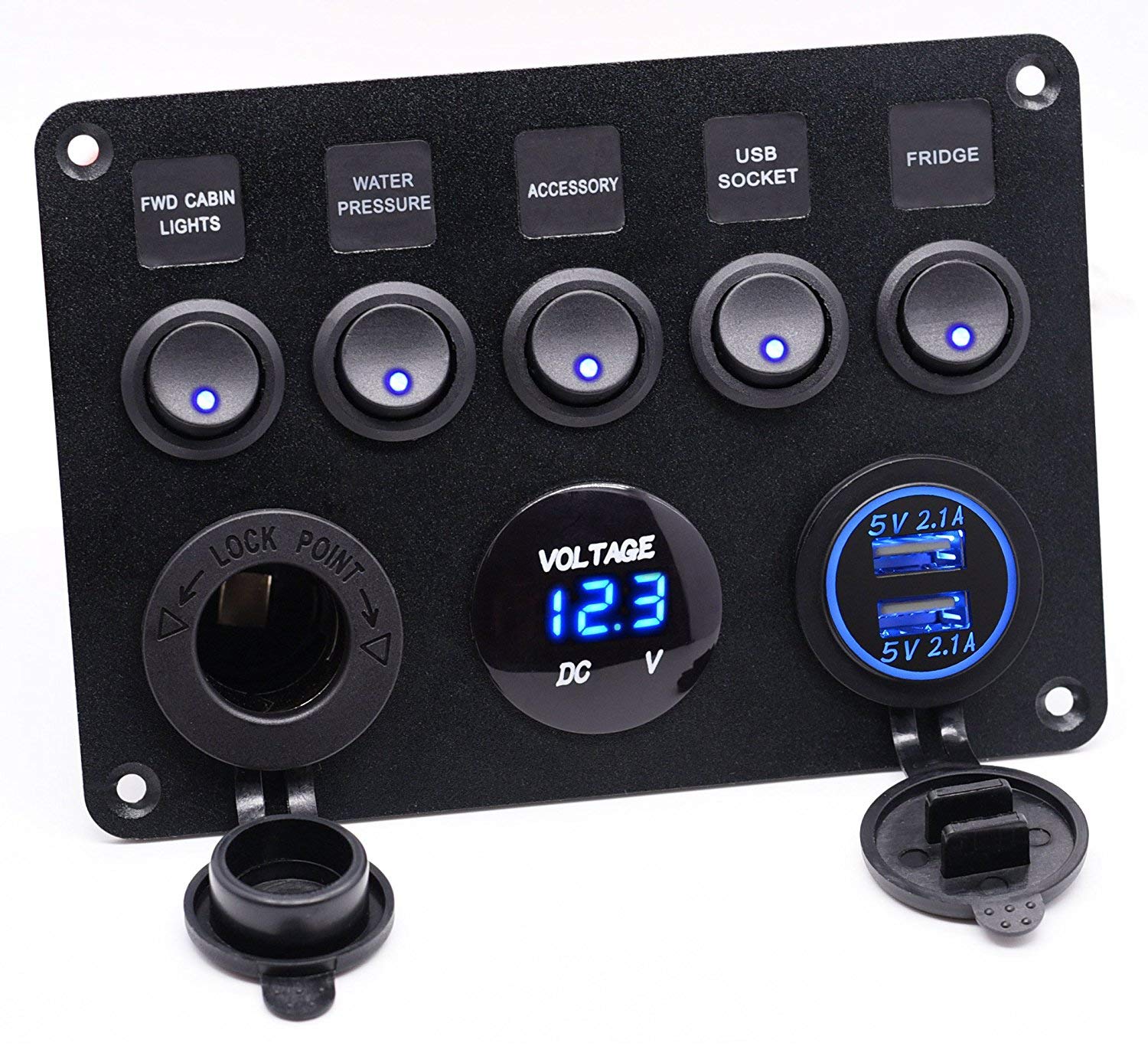 Marine/Boat Car Switch Panel- 5 Gang ON-OFF Toggle Switch+ 2 USB Slot +Cigarette Lighter +Waterproof LED Voltage Display for Car Marine RV Truck Camper (Blue Light)
