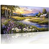 SERIMINO Large Wall Art Prints, Rural Landscape Wall Decor, Meadow Wildflower Canvas Painting, River Cottage Pictures Home Decor Living Room Bedroom, Green Scenery Farmhouse Decor Artwork 20"X40"