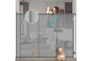 WAOWAO Reinforced 57"Tallx 79"Wide Retractable Cat Pet Dog Gate, Extra Wide Adjustable Mesh Baby Gate for Stairs Indoor,Extends to 79" Sturdy Easy to Use Baby Gate for Stairway,Outdoors,Hallway( Grey)