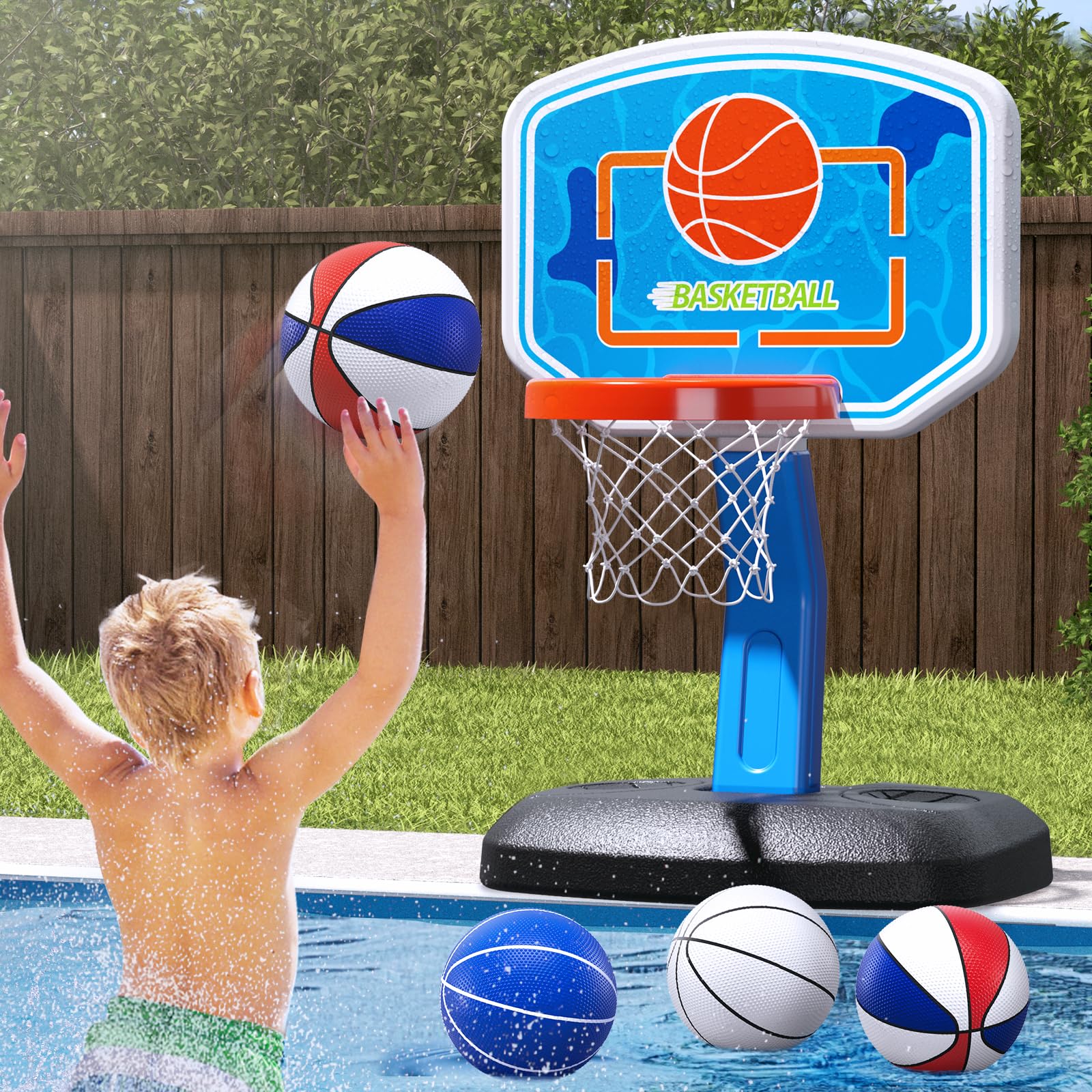 Photo 1 of HYES Pool Basketball Hoop Set, Poolside & Indoor, Adjustable Height, 4 Balls, 2 Nets, Pump, Sand/Water Base, Red, Ages 6+, Kids, Boys & Girls, Basketball Theme, 1-4 Players
