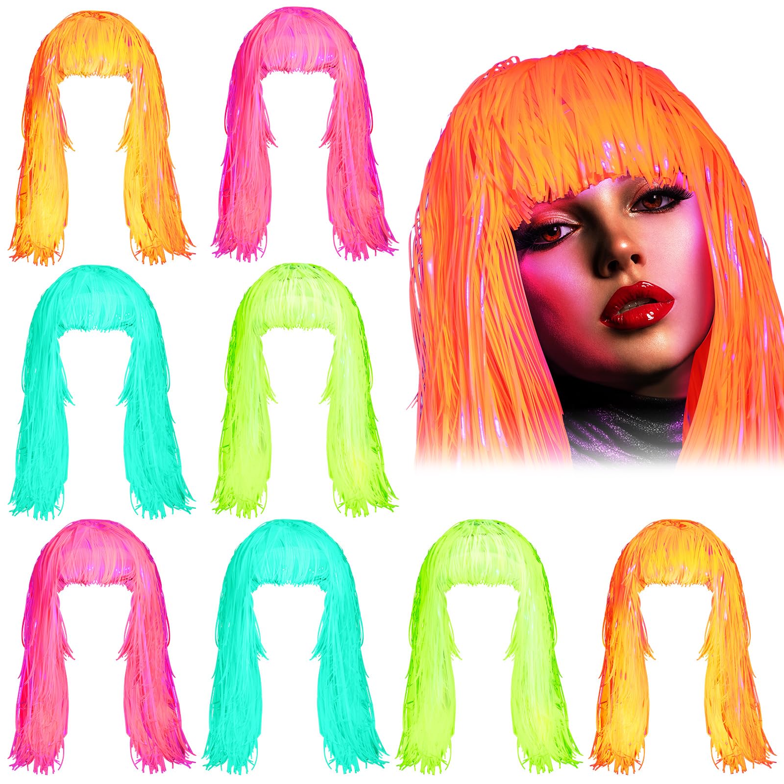 Photo 1 of Suncalla 8 Pack Neon Foil Tinsel Wigs Glow in The Dark Party Supplies UV Reactive Shiny Party Wig for Women Men Adults Photo Booth Birthday Decorations 70s 80s Cosplay, Green, Rose Red, Yellow, Orange