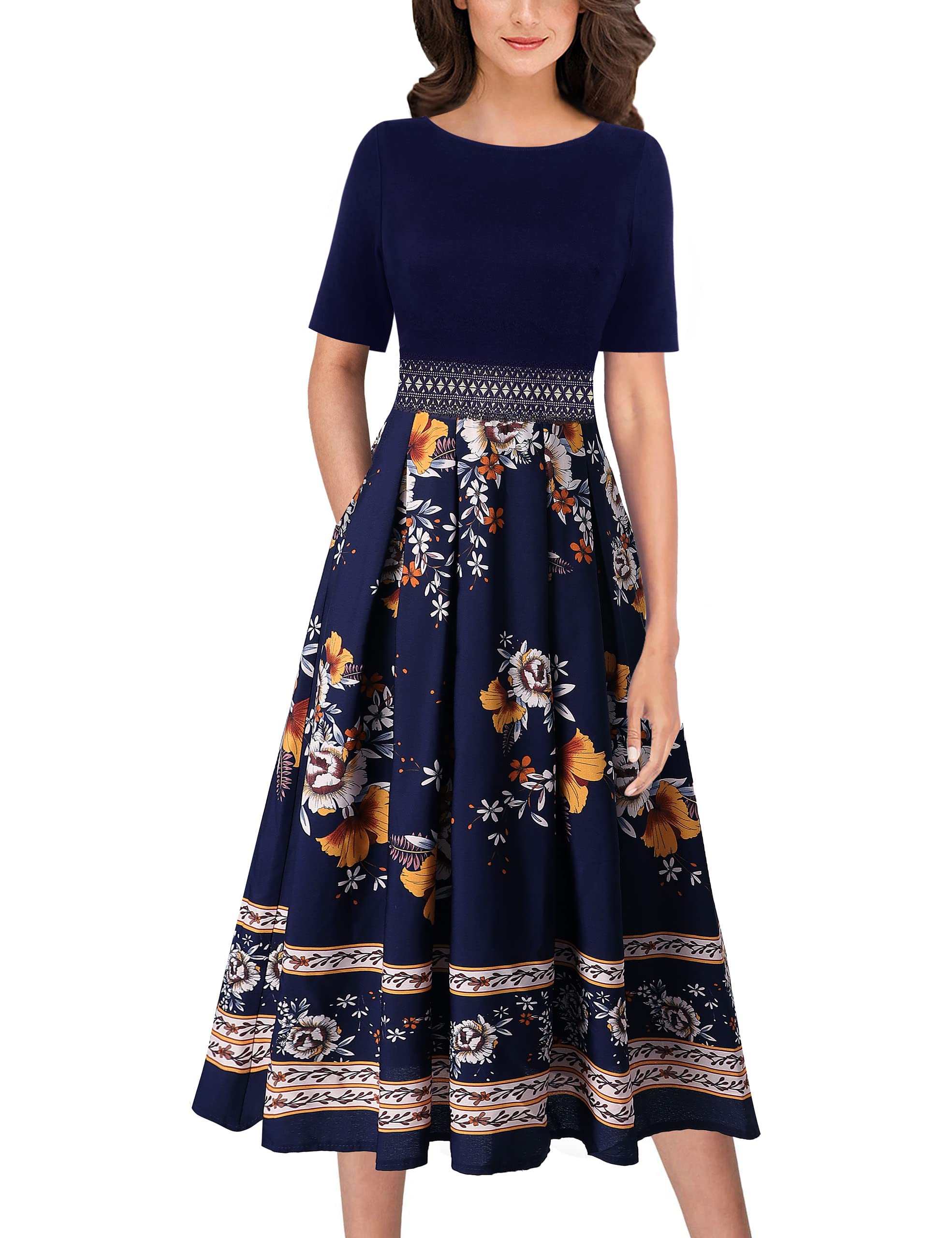 Photo 1 of VFSHOW Womens Navy and Multi Floral Print Applique Tie Waist Pockets Pleated Work Business Office Casual A-Line Midi Dress 9673 BLU XXL