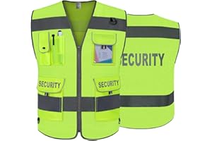 TCCFCCT Mesh Security Vest for Security Guard 9 Pockets High Visibility Reflective Safety Vest for Men Women, Durable Hi Vis Vest with Reinforced Sewing, Meets ANSI/ISEA, (G100S-Yellow, L)