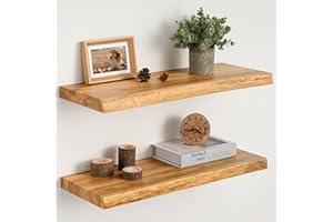 Realgulf Floating Shelves Set of 2, Solid Elm Wood Wall Shelves 24 Inch - Invisible Bracket Mount for Living Room, Bedroom, K