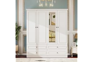 GraceGrove Modern Wooden Armoire Wardrobe Closet with Mirror and 4 Doors, Armoires and Wardrobes with 2 Hanging Rods, Wardrobe with 4 Drawers, Clothes Storage Cabinet Organization for Bedroom White