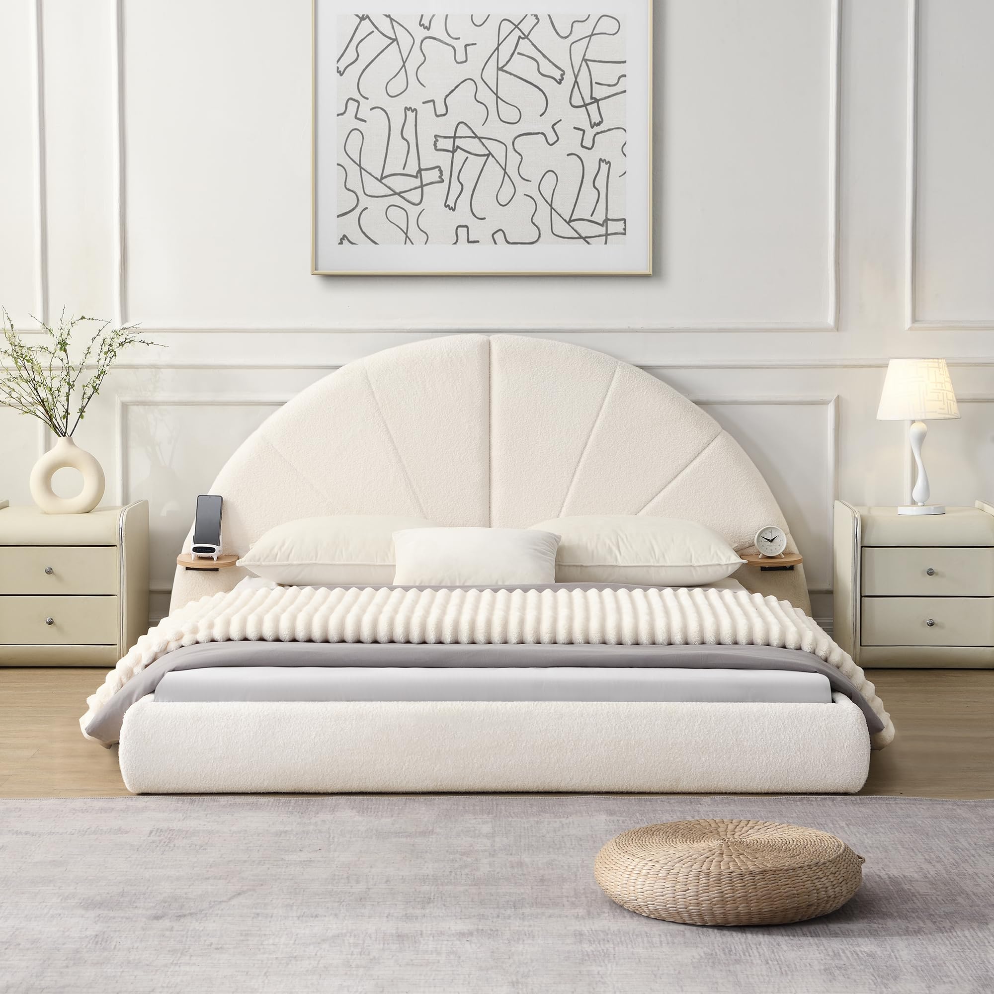 Photo 1 of ***BOX 1/2***Christopher Knight Home Koma Queen Bed Frame Full Size, Boucle Upholstered Bedframe with Headboard, Unique Arch Shape Wooden Bed Base with Small Table, Easy Assembly, No Boxing Spring Needed, Beige