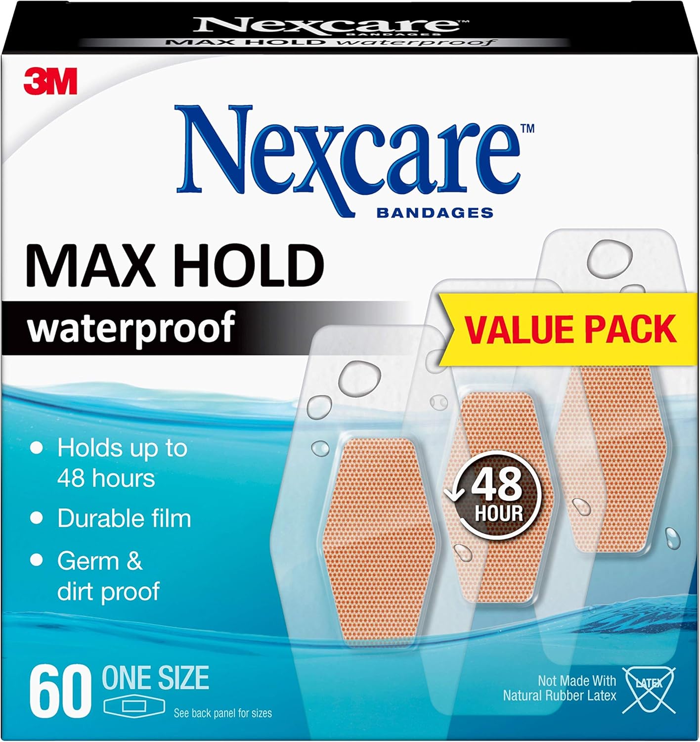 Nexcare Max Hold Waterproof Bandages, Clear, Family Pack, 60 ct One Size: Health & Personal Care