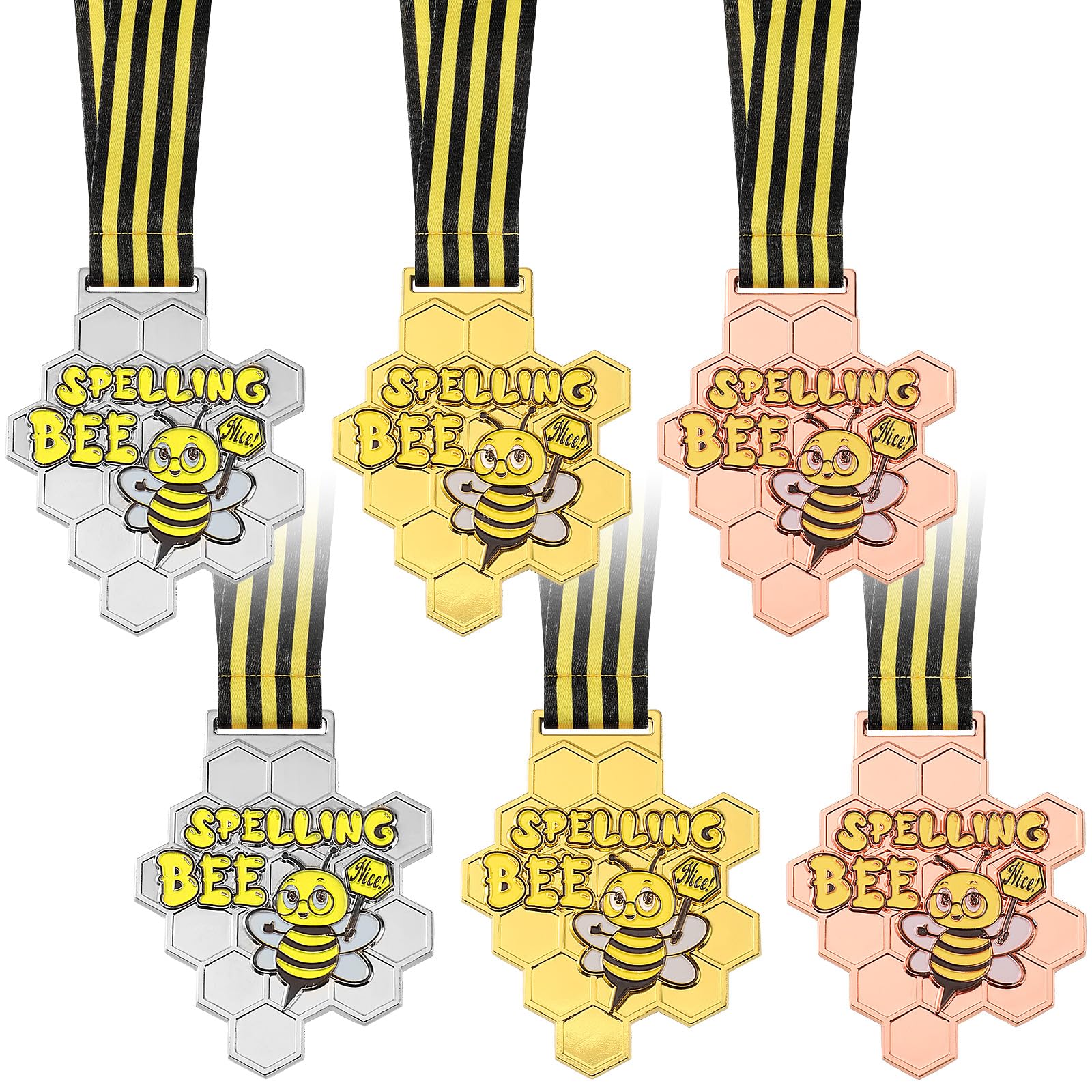 Photo 1 of Remuuly 6 Pcs Spelling Bee Honeycomb Medals Gold, Silver, Bronze Spelling Bee Award Medals with Neck Ribbon for Kids Adults Competitions Trophy Party Supplies, 3.2 x 2.8 Inches