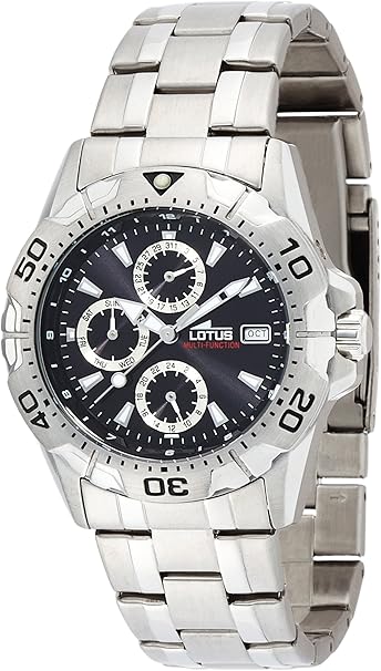 Lotus Men's Quartz Watch with Black Dial Analogue Display and Silver