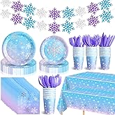 Sliner 171 Pcs Winter Snowflake Tableware Set Snowflake Party Supplies Winter Party Decoration Include Paper Wonderland Plates Napkins Cups Cutlery Tablecloth Banner for Birthday