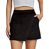 luvamia Jean Skirts for Women Denim Mini Trendy High Waisted Stretchy Asymmetrical Faux Wrap Short Skirt with Pockets