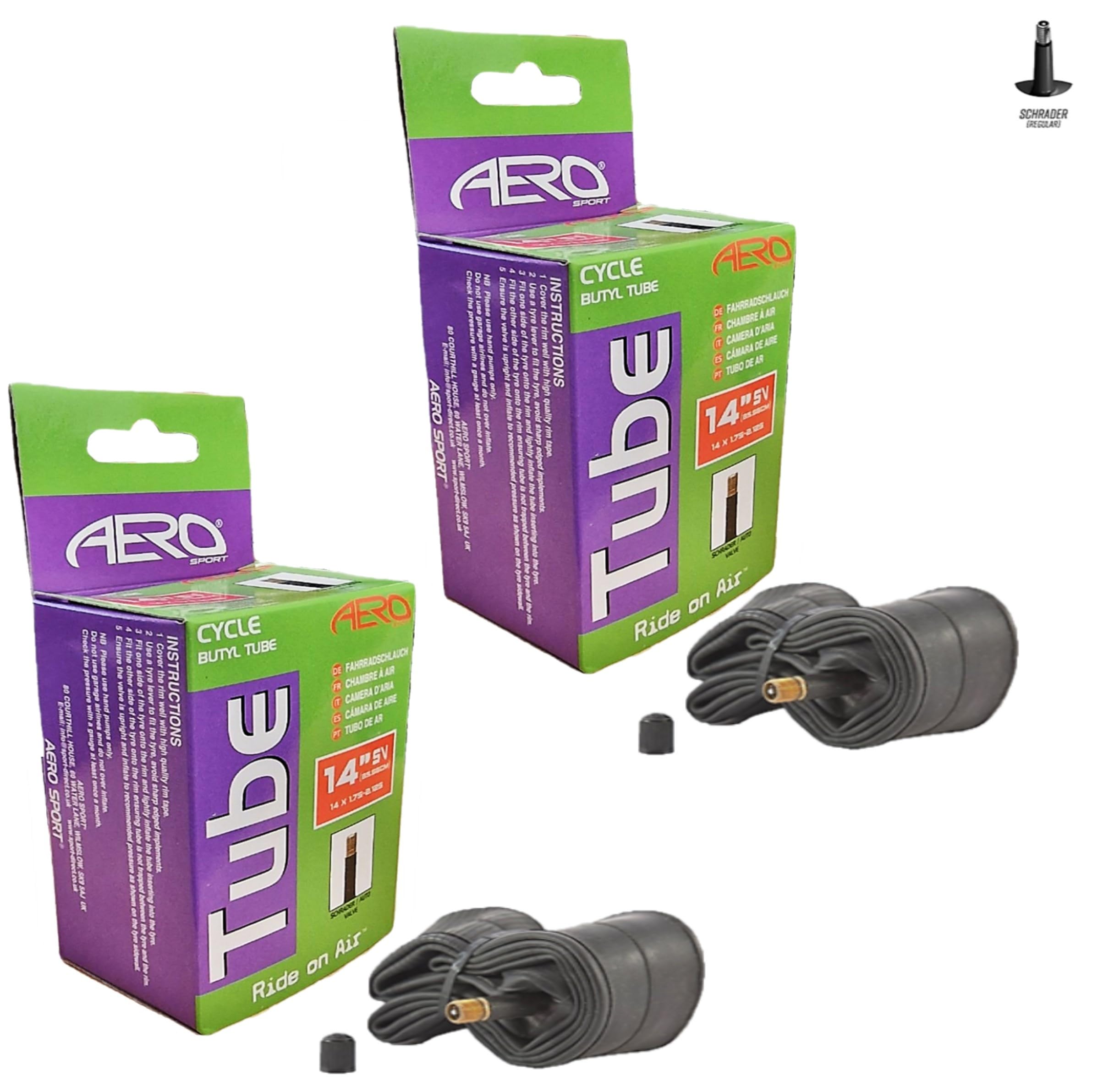 2 X Aero Sport E-Bike/Bike Butyl Rubber Inner Tubes to fit 14" x 1.75-2.125 with Schrader Valves