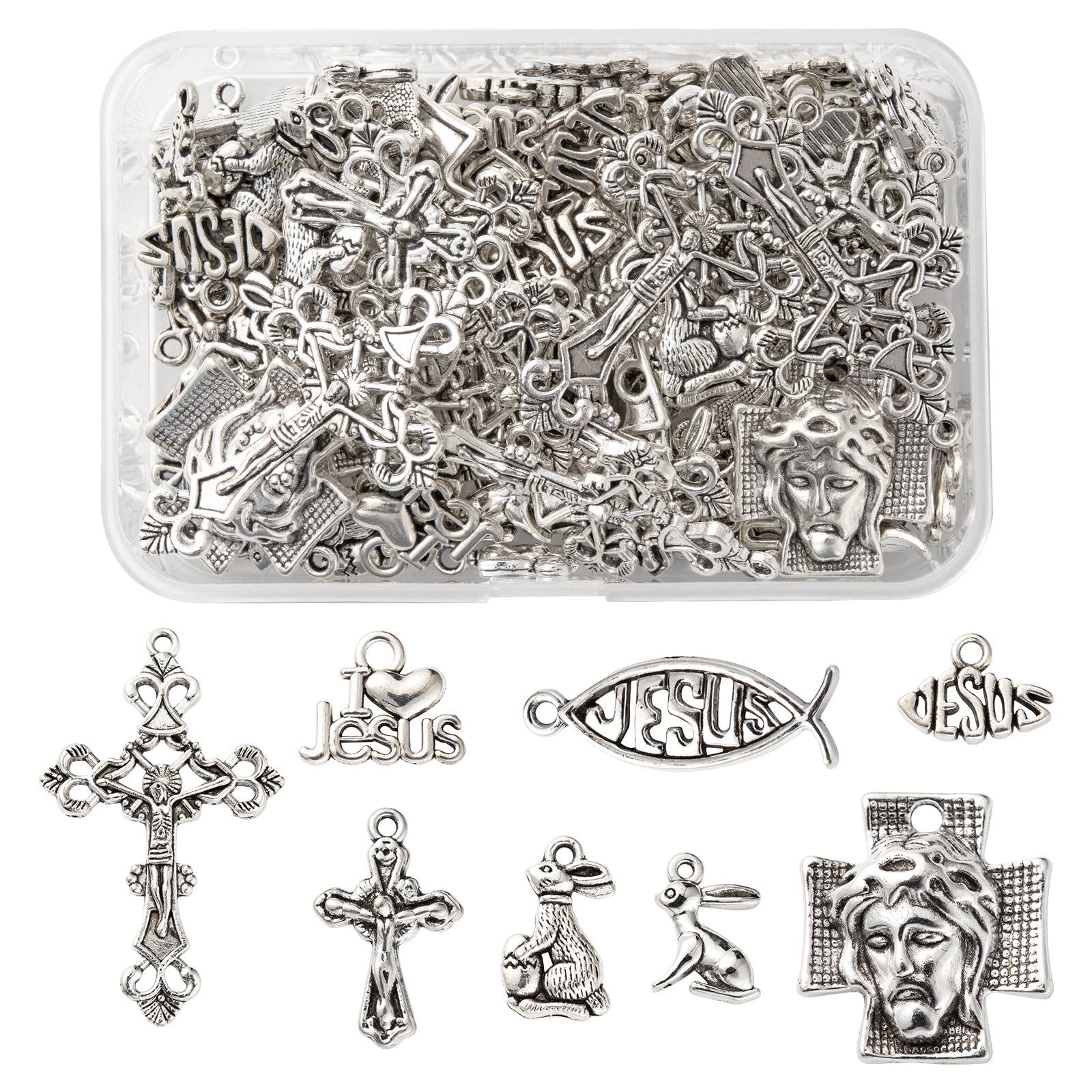 COGCHARGER 80 Pcs 8 Styles Antique Silver Tibetan Style Cross with Jesus Charms Crucifix Fish Rabbit Alloy Charms Pendants for Jewellery Necklace Bracelet Earring Making