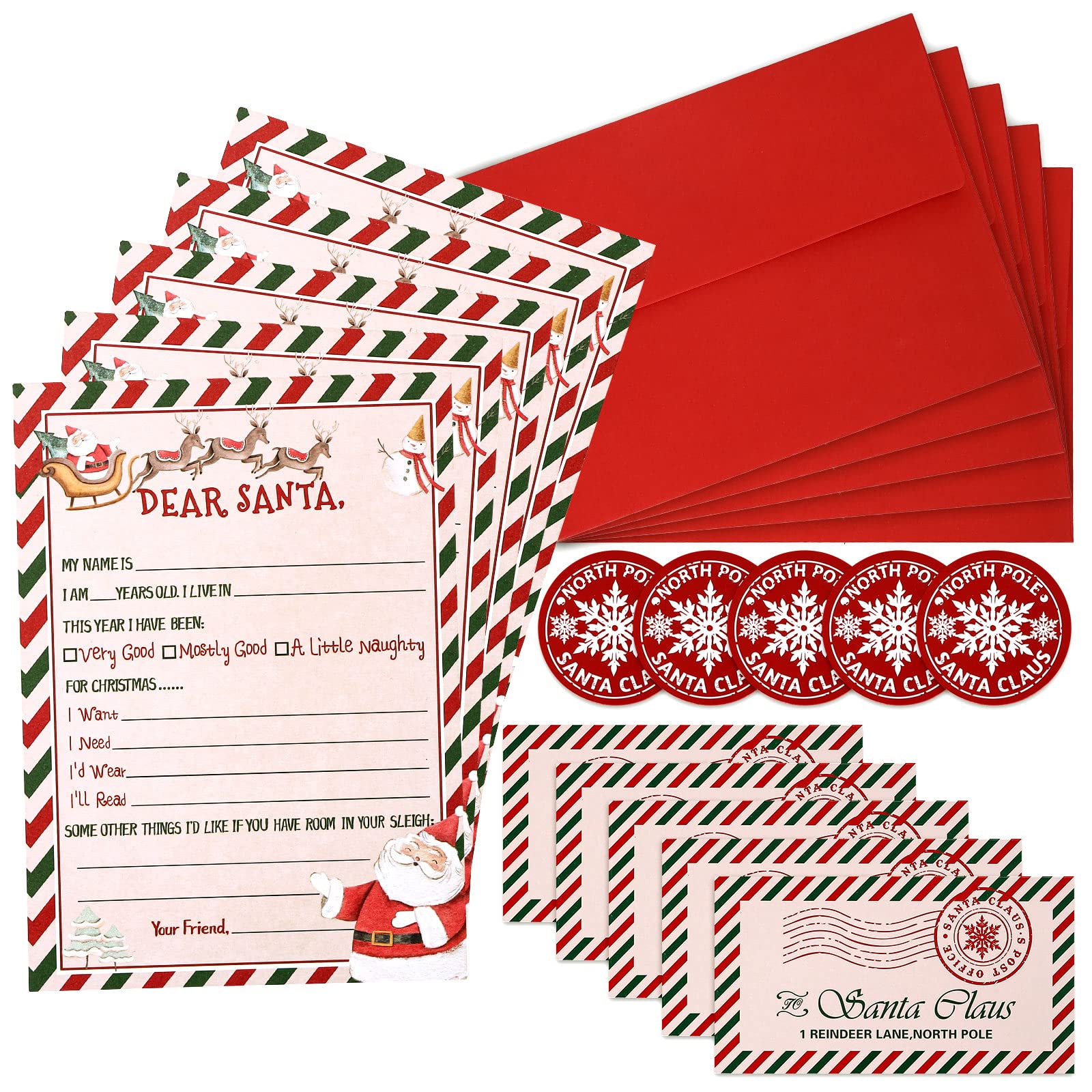 AnyDesign 20 Pack Letter to Santa Christmas Wish List Writing Kit Include 5 x 7" Watercolor Style Fill in The Blank Card with Red Envelopes, Stickers and Address Seal Labels for Family Party Favors