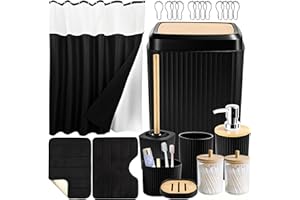 BSSN 23 Pcs Bathroom Set with Shower Curtain and Rugs Black Bathroom Accessory Set, Shower Curtain with Liner, Memory Foam Bathroom Rugs, Toilet Brush, Trash Can, Soap Dispenser, Countertop Set