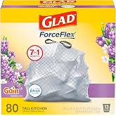 Glad ForceFlex Tall Kitchen Drawstring Trash Bags, 13 Gal, Gain Lavender, 80 Ct (Package May Vary)