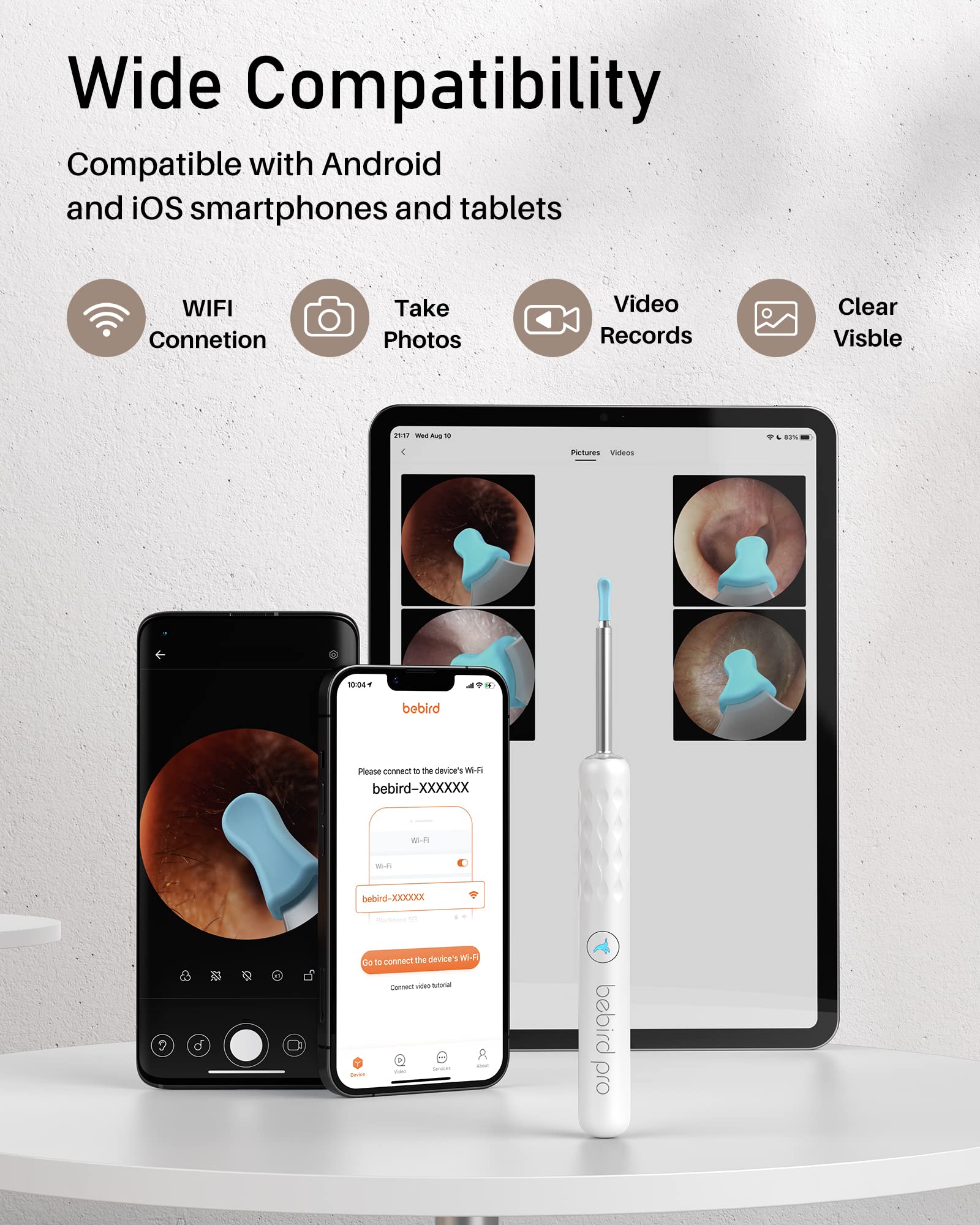 Bebird Pro Ear Wax Removal Tool with 1440P HD Camera and 6 LED Lights, Free with Deep Cleaning Blackhead Remover, Ear Cleaner for Smaller Ears,FDA Ear Wax Removal Kit for iOS,Android Phones