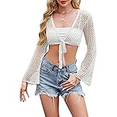 Women Bell Long Sleeve Crochet Top Tie Front Cropped Cardigan Hollow Out Knit Bolero Shrug