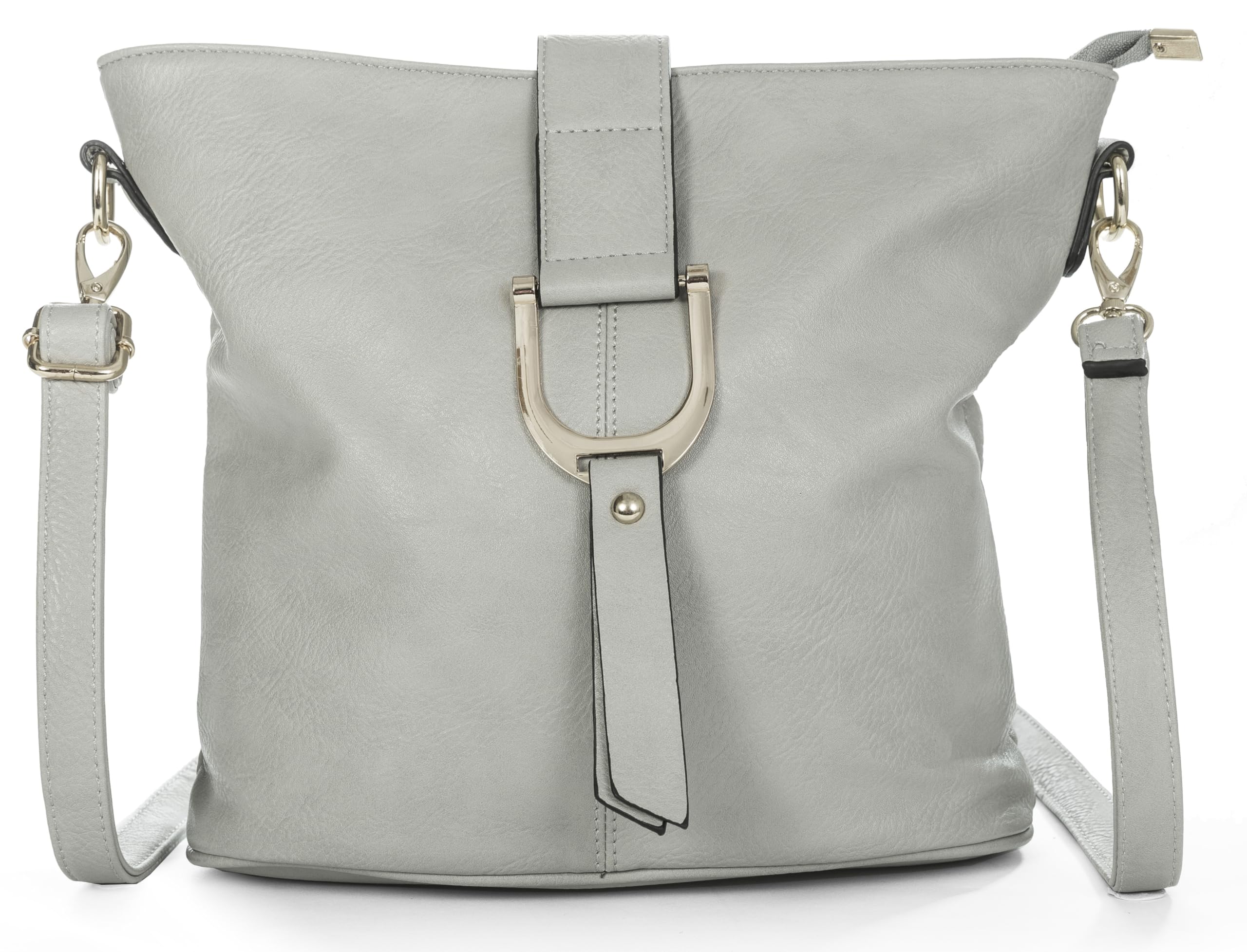Mabel London Women’s Vegan Leather Crossbody Shoulder Bag – Medium Everyday Tote with Horseshoe Buckle & Zip Pocket – Fran (Light Grey)