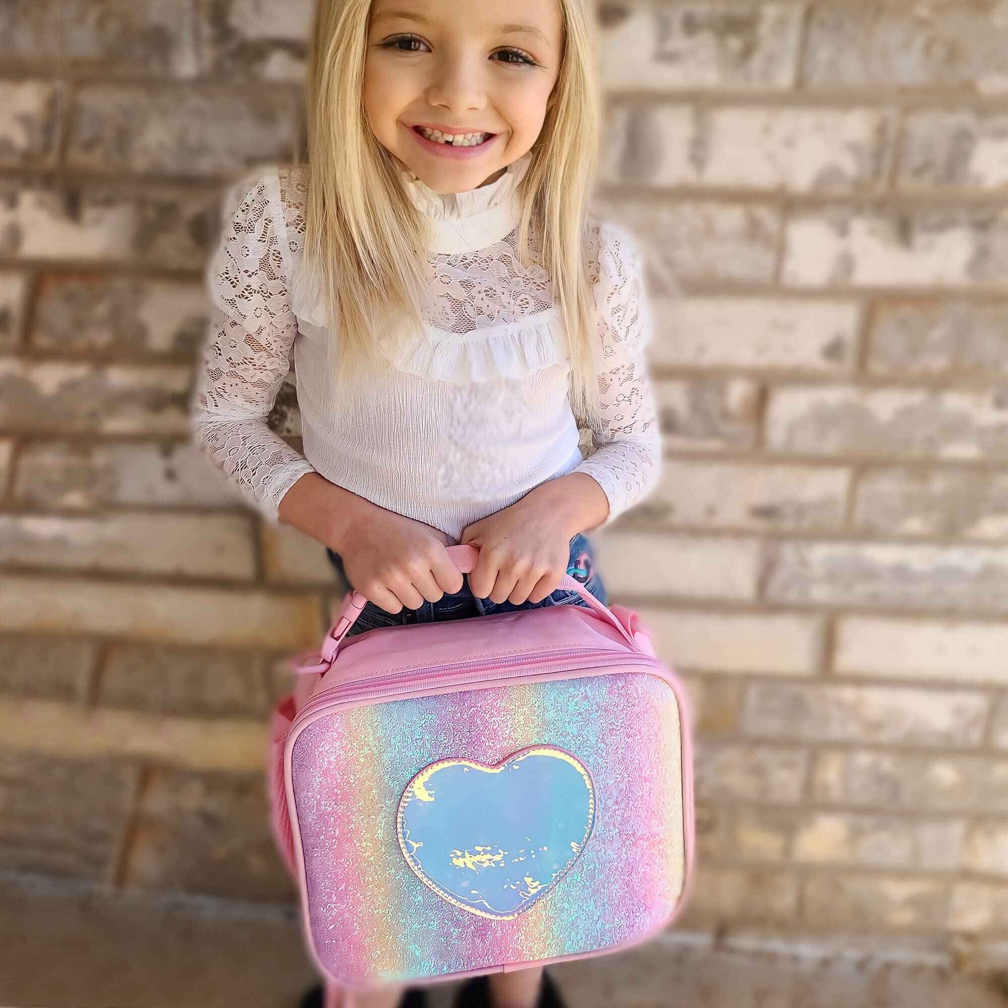 mibasies mibasies Girls Lunch Bag for Kids Insulated Lunch Box with Shoulder Strap and Bottle Holder, Glitter Rainbow