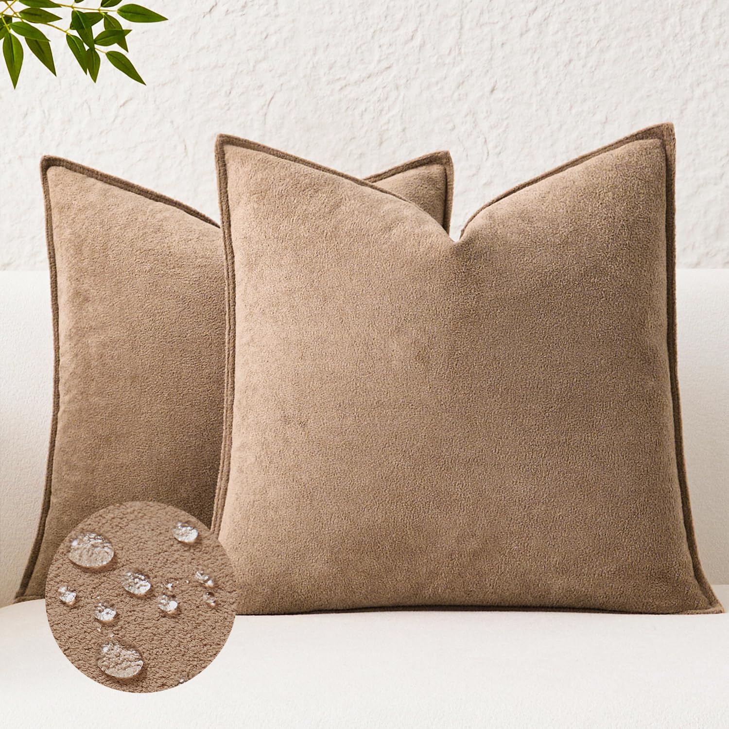 Photo 1 of Kevin Textile Waterproof Decorative Pillow Covers Camel 18x18 Inch Pack of 2 Soft Boucle Textured Throw Pillowcases Elegant Accent Pillows for Couch Sofa Chair Bed Home Decor Indoor Outdoor