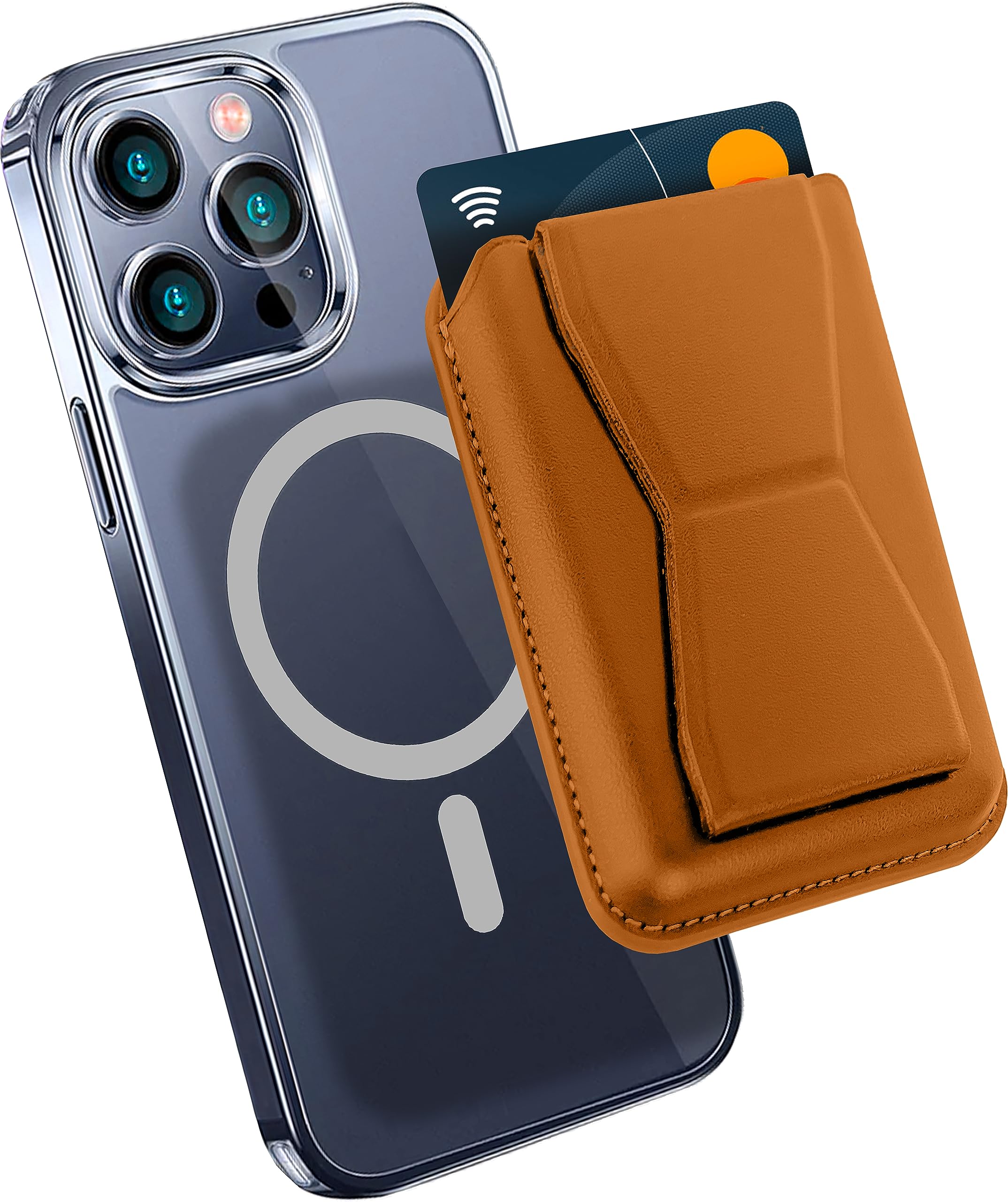 MyGadget Magnetic Magsafe Wallet - with Card Slot and Stand - Made of Faux Leather Compatible with Apple iPhone 14 | 13 | 12 Series - Bright Brown