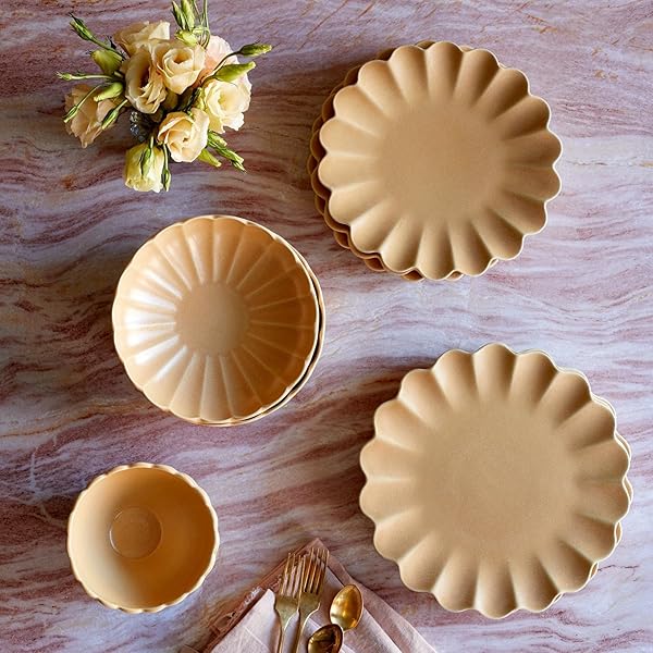 LEMIEUX ET CIE DHALIA 4-PIECE BOWL SET STONEWARE, BOWLS, DISHWASHER AND MICROWAVE SAFE, DISH SET FOR 4, CAMEL