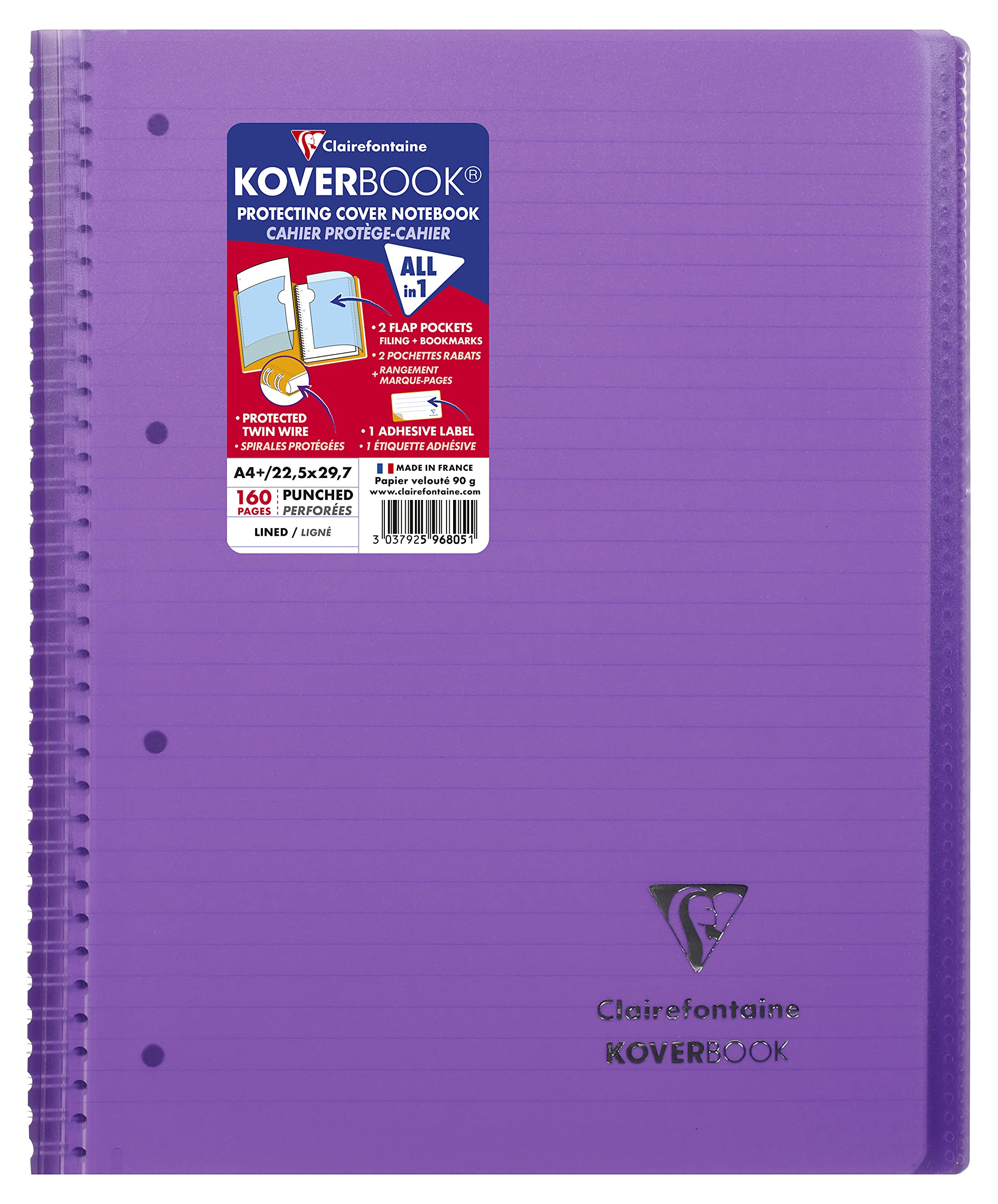 Clairefontaine 596805C A Purple Koverbook Spiral Notebook - A4+ 22,5x29,7 cm - 160 Detachable Lined Pages with Margin - 90 g White Paper - Polypro Cover