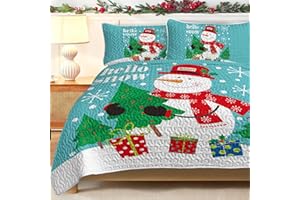 BlessLiving 3-Piece New Year Queen Size Quilt Set with 2 Pillow Shams, Lightweight Bedspread/Coverlet/Bed Cover for Kids Boys Girls - (Snowman Christmas Santa, size90 x90)